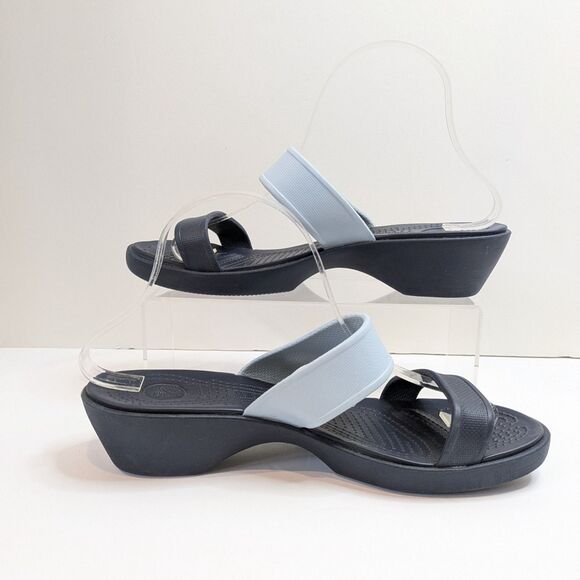Crocs Madeira Wedge Slide Sandals Women's 9 Navy Blue Light Blue 2-Strap Comfort - Picture 7 of 14